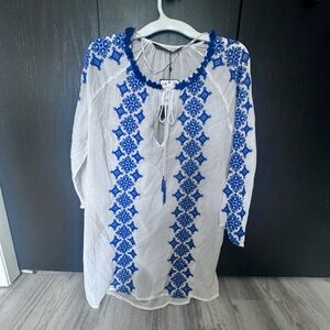 Zara White and Blue Tunic with Tie Front and 3/4 Sleeves